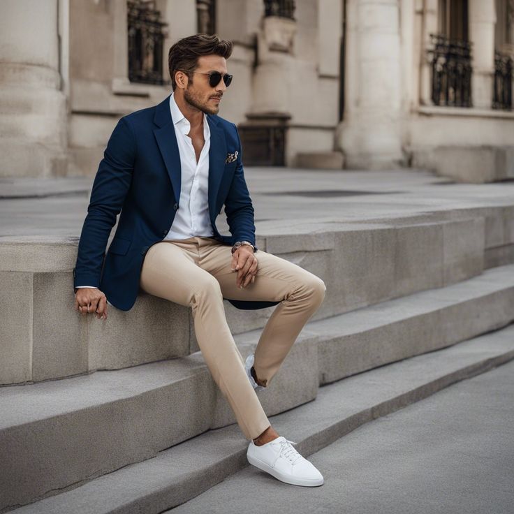 Modern Navy Blue Blazer Classic_ Relaxed White Shirt, Tan Slim Pants, White Sneakers_